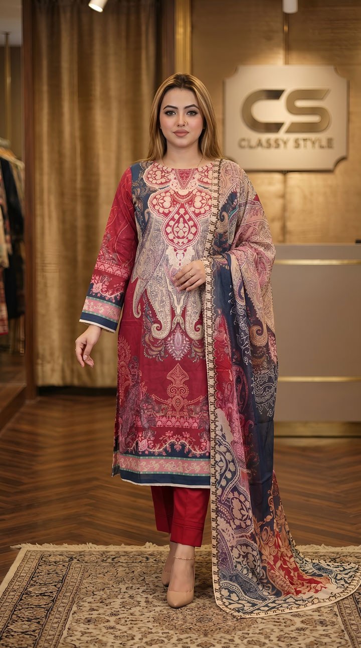 New Premium Zom Zom Lawn Three Piece-Chiffon Dupatta