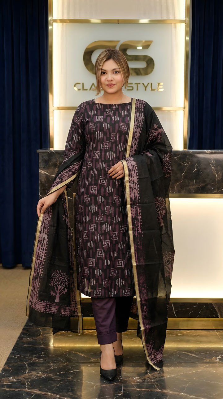 Royal Plum Maheshwari Silk 3-Piece Set