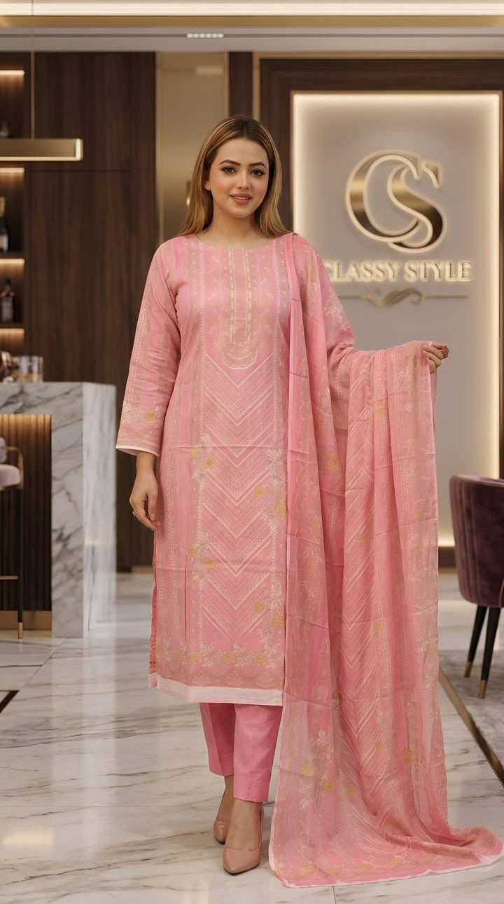 New Premium Zom Zom Lawn Three Piece-Chiffon Dupatta