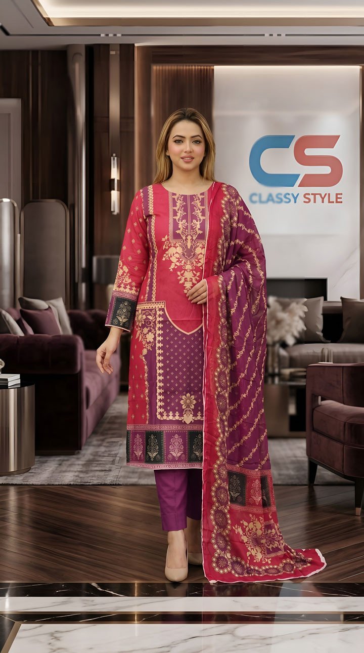 New Premium Zom Zom Lawn Three Piece-Chiffon Dupatta