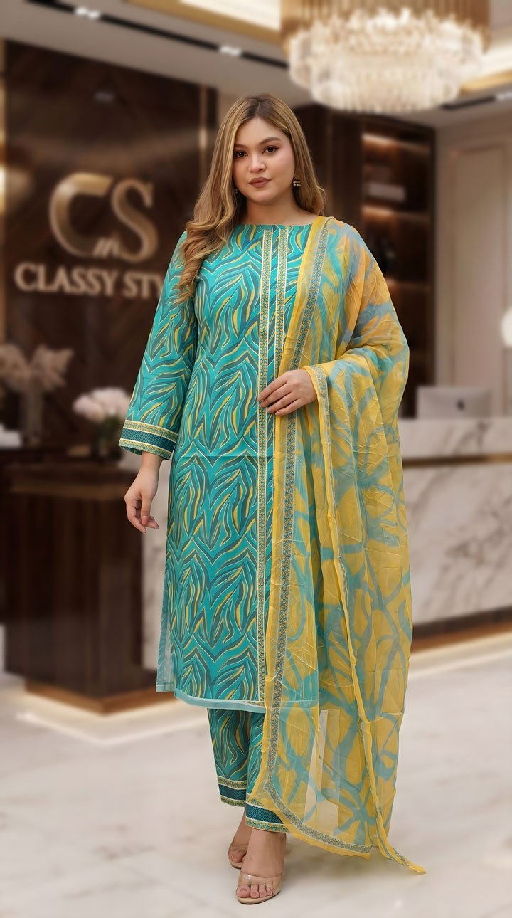 Coco Premium Cotton Lawn Three Piece Set Chiffon Dupatta