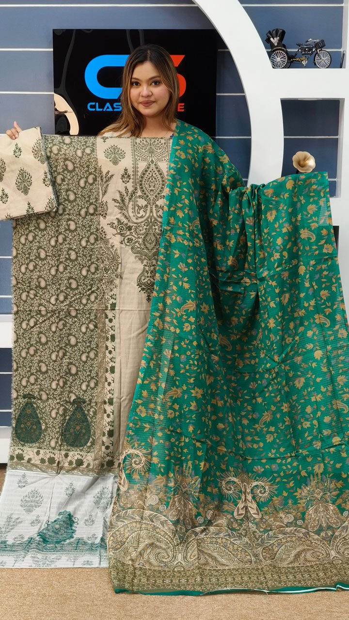 Premium Slub Cotton Luxury Print Catalog Three Piece Set