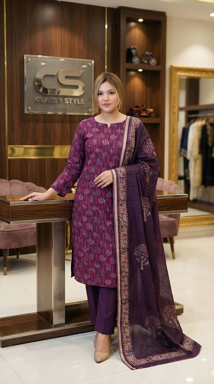 Royal Plum Maheshwari Silk 3-Piece Set
