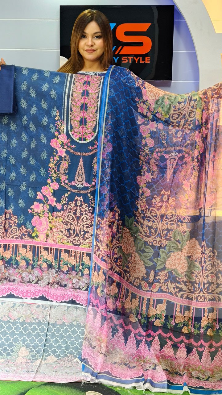 New Premium Zom Zom Lawn Three Piece-Chiffon Dupatta