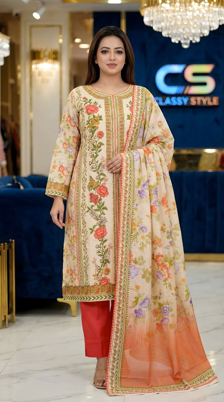 New Premium Zom Zom Lawn Three Piece-Cotton Dupatta