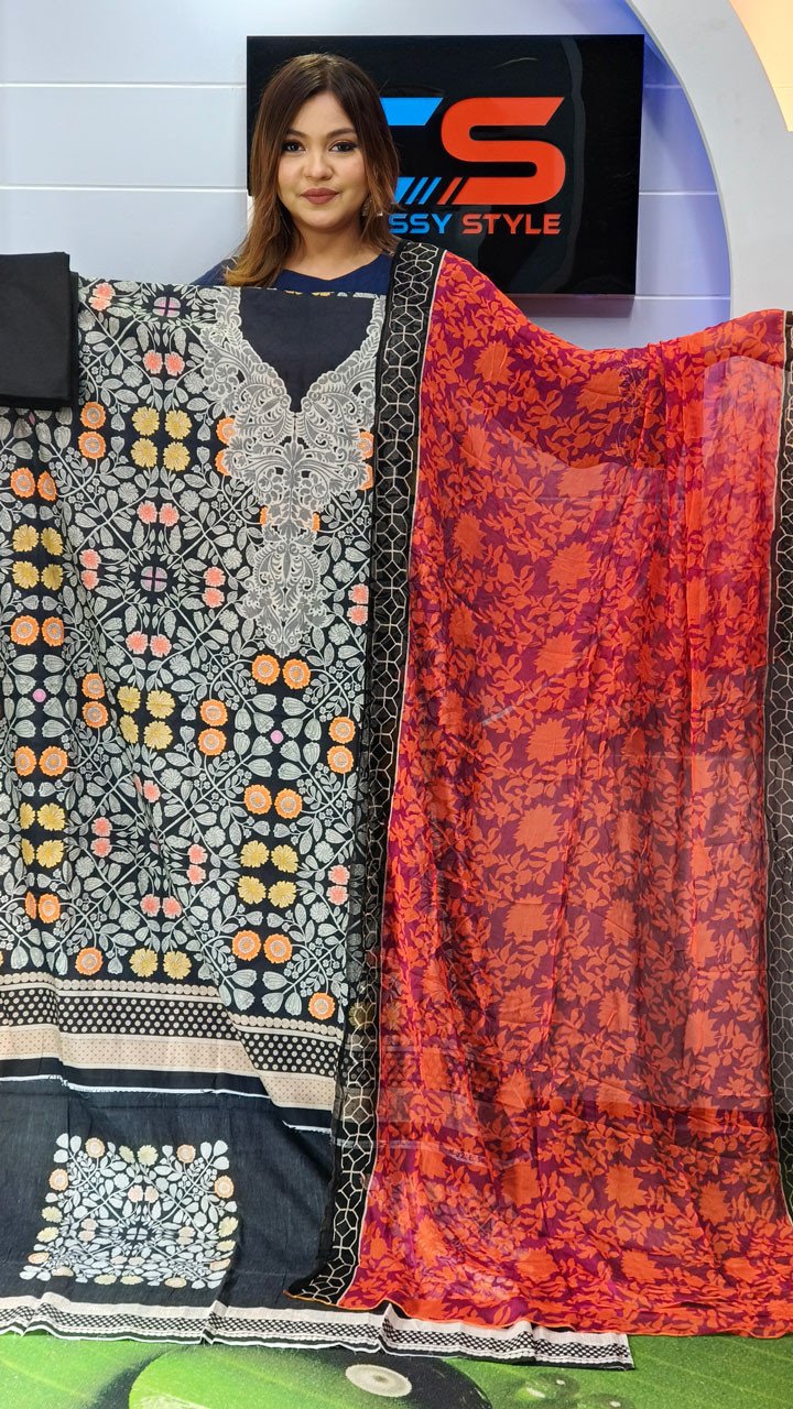 New Premium Zom Zom Lawn Three Piece-Chiffon Dupatta