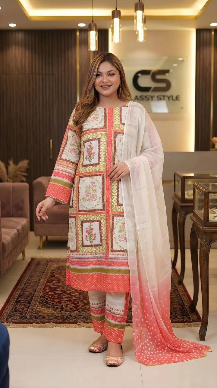 Coco Premium Cotton Lawn Three Piece Set Chiffon Dupatta