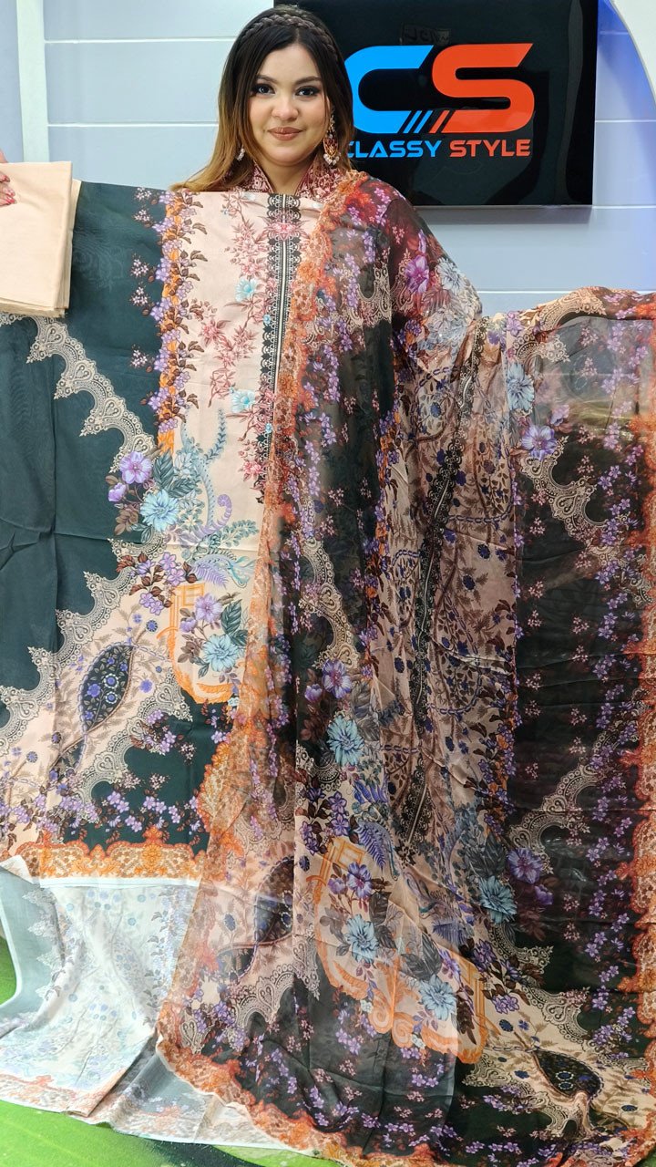 New Premium Zom Zom Lawn Three Piece-Chiffon Dupatta