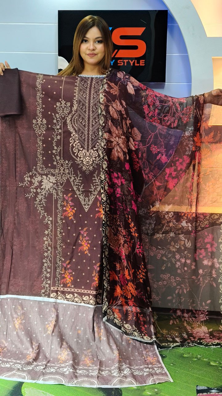 New Premium Zom Zom Lawn Three Piece-Chiffon Dupatta