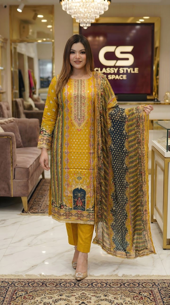 Lahuri Luxe – Soft Chiffon Dupatta Unstitched Three-Piece