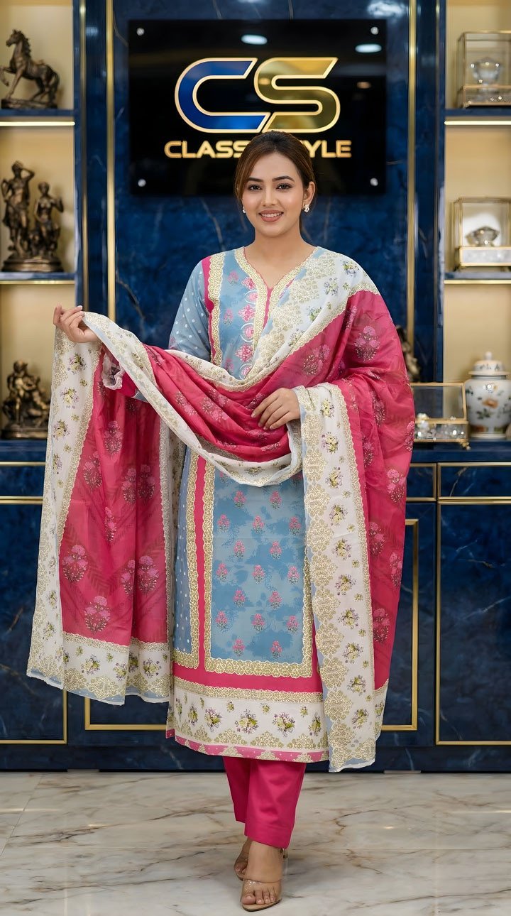 New Premium Zom Zom Lawn Three Piece-Cotton Dupatta