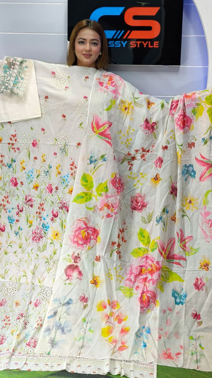 Luxury Digital Printed Lawn Boring Embroidered Unstitched Three-Piece