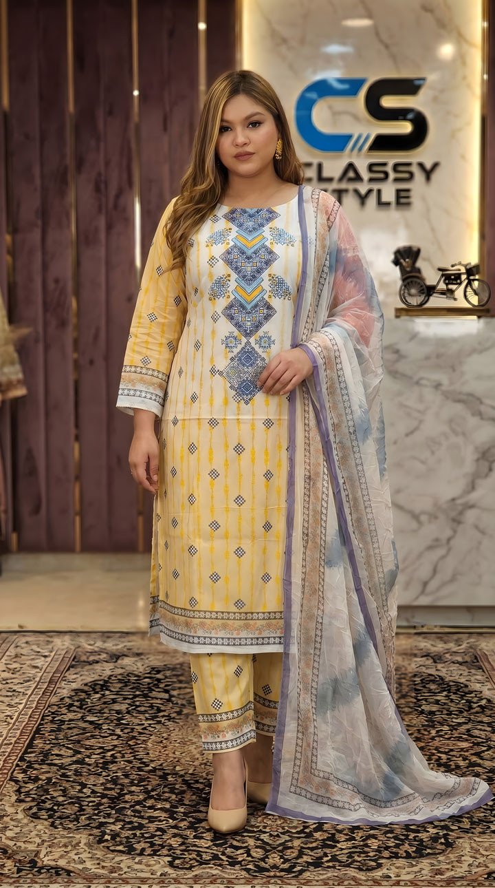 Coco Premium Cotton Lawn Three Piece Set Chiffon Dupatta