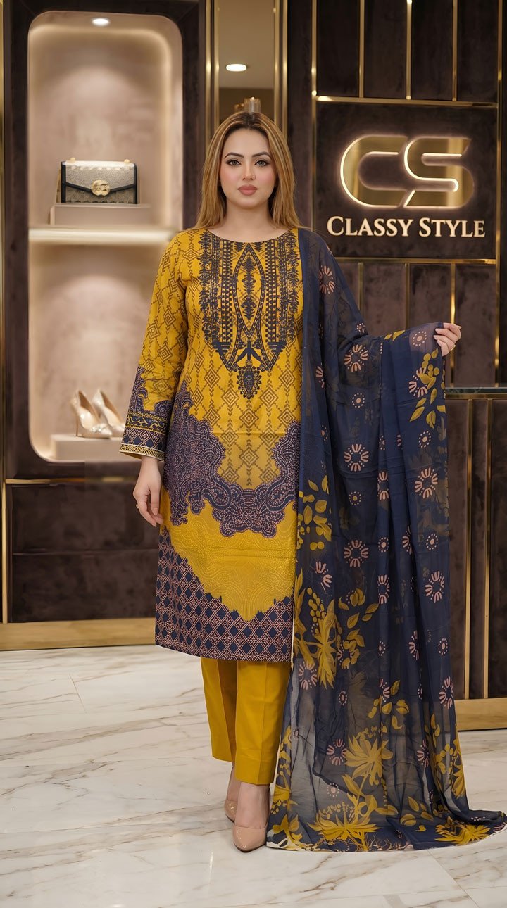 New Premium Zom Zom Lawn Three Piece-Chiffon Dupatta